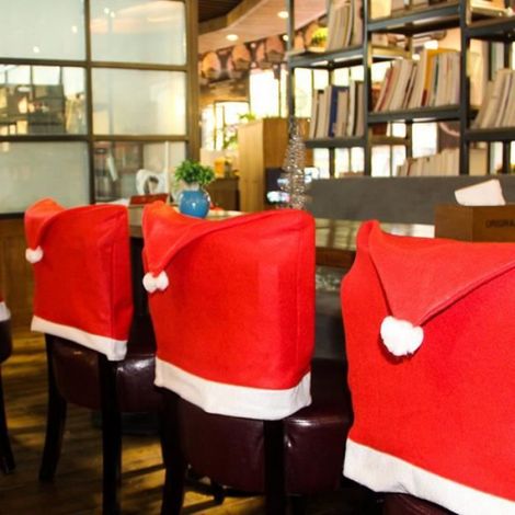 Housse De Chaise Noel - Couverture Chapeau Pere Noel Rouge - Pour Decoration Fete Familiale Ou Restaurant - Lot De 12 (1/4)