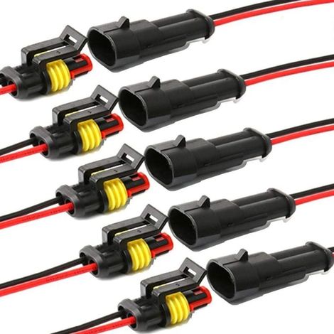 Connecteur étanche Ulisem, connecteurs électriques autobloquants à 2 broches avec fil marin 16 AWG pour voitures, camions, bateaux et autres connexions. (Lot de 5) (2 broches mâles) (1/4)