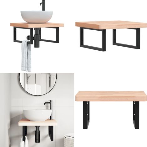 Étagère de vasque murale acier et bois massif de hêtre - Étagère de lavabo - Support de lavabo
