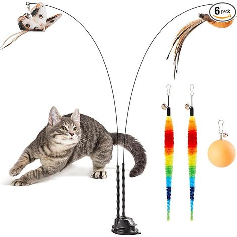 Canne à Pêche Chat Ventouse Jouet Interactif Plumes Balles Ventouse Stable, Accessoires Plumes et Balles, Baguette Flexible, Jeu Interactif pour Chats d’Intérieur (1/5)