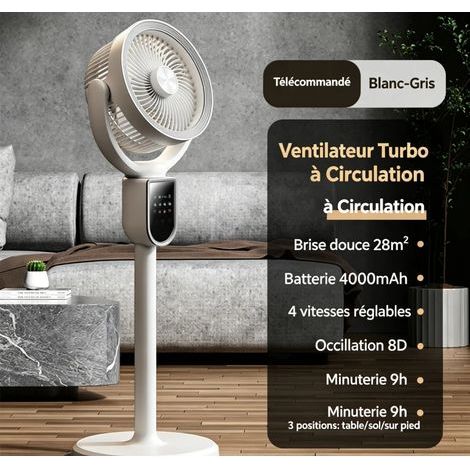 Ventilateur Circulateur d'Air 3-en-1 Turbo Sans Fil, Batterie 4000mAh, Oscillation 8D, Moteur Silencieux, Télécommande, Minuterie 9h