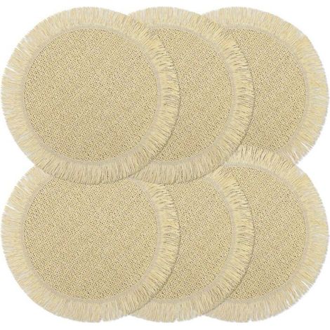 Sets de table ronds - Papier - Motif tissé - Lot de 6 - Style bohème champêtre - Diamètre 38 cm - Blanc cassé (1/5)