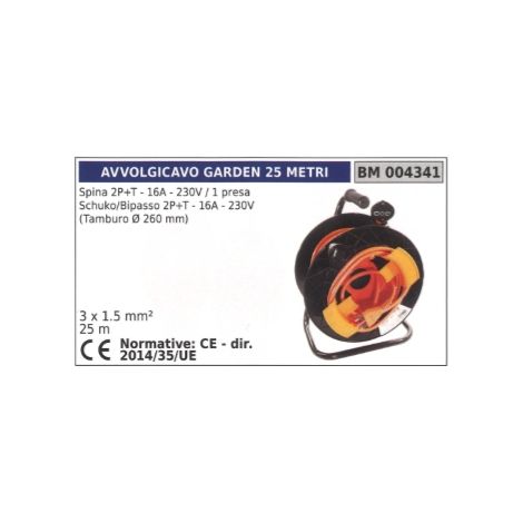 Kabeltrommel 25m Stecker 2-polig+Erde 16A 230V 1 Schuko-Steckdose 2-polig+Erde