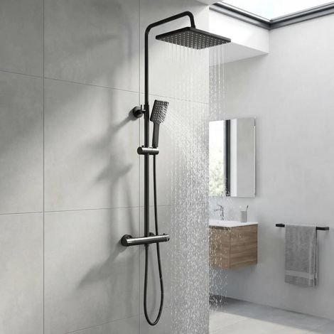 Mitigeur de douche noir, système de douche avec thermostat, pommeau de douche 26 x 19 cm, pommeau de douche avec tuyau et support, douche à effet pluie, ensemble de douche (1/5)