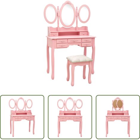 Hocker -  Schminktisch mit Hocker und Dreifach-Spiegel Rosa (1/5)