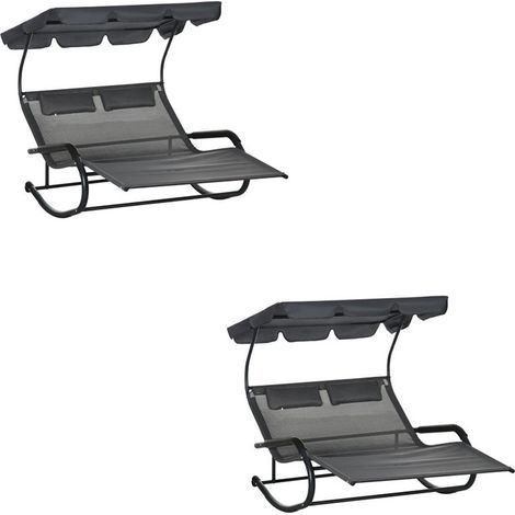 2er-Set doppel-Sonnenliege Schaukelbank mit Sonnendach, Schaukelsessel mit Rollen, Gartenliege mit Kopfkissen, 220 kg Belastung, für 2 Personen, Dunkelgrau, 200x139x140cm