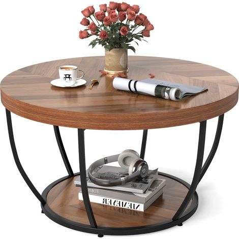 COSTWAY Tavolino da Caffè Rotondo a 2 Ripiani, Tavolo da Salotto in Legno con Struttura in Metallo, Tavolino Soggiorno Industriale con Piedini Regolabili, 80 x 80 x 45 cm (Moderno)