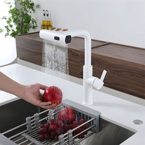 Robinet de cuisine multifonctionnel avec chette extractible, en acier inoxydable, effet cascade et bec extractible, blanc (1/5)