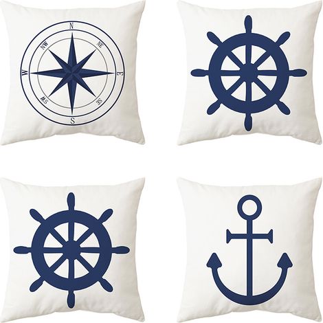 Set mit 4 Kissenbezügen im maritimen Muster, Ankermotiv, 45 x 45 cm (1/5)