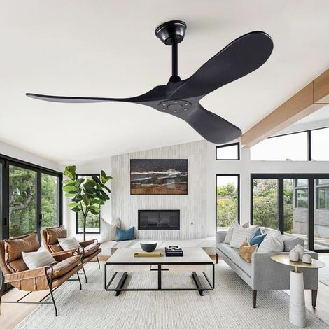 Ventilateur de Plafond Noir 52 Pouces en Bois Massif Sans Lumière avec Télécommande Moteur DC Silencieux 6 Vitesses (1/5)