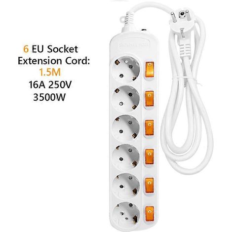 Spécifications : rallonge 10/16A 250V avec protection contre les surcharges, multiprise 4,8 mm avec double disjoncteur, prise secteur 2 broches, 6 trous, 1,5 m. (1/4)