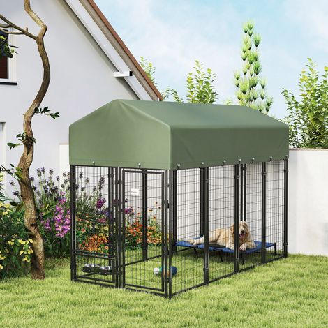 Parc pour Chiens d'Extérieur en Acier avec Toit en Tissu Oxford, Anti-UV, Imperméable, 2 Bols, Vert (1/5)