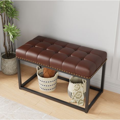 Banc rembourré 90x46x52 cm en métal et simili cuir marron, gain de place pour entrée, FloraGrace (1/5)