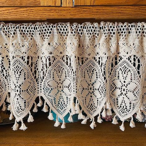 Rideaux rustiques au crochet, adaptés aux cuisines et aux petites fenêtres, avec pompons, parfaits pour la décoration de café, 90x38 cm. (1/5)