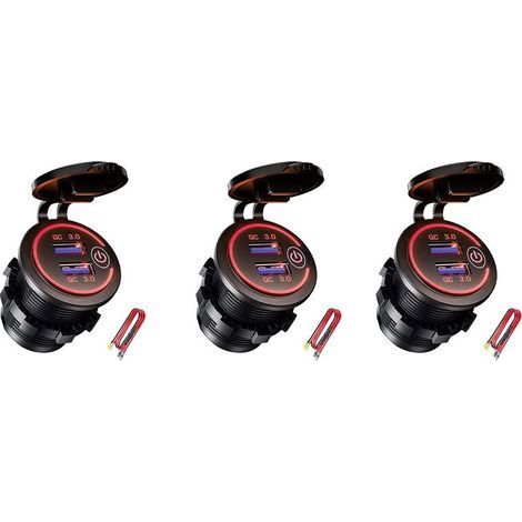 3X QC 3.0 Double Prise de Chargeur USB, Prise USB éTanche 12 V/24 V avec Interrupteur Tactile pour Voiture, Marine, Bateau, Camping-Car, Moto, Rouge (1/5)