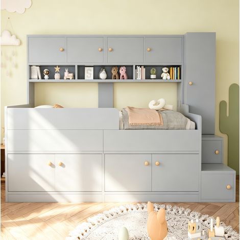 Letto per bambini con contenitore 238x96x150 cm, scala con vani, armadio, LED, legno grigio (1/5)