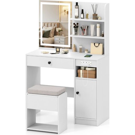 Tocador con espejo y luces 90 x 40 x 135,5 cm práctico almacenaje estilo moderno MDF blanco 200011514
