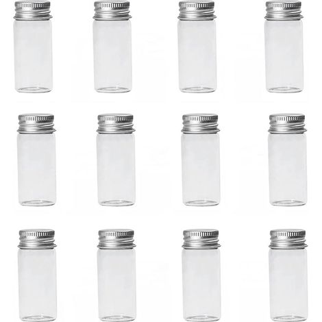 12 Stück Mini-Klarglasflaschen – Süßigkeitenflaschen, mit Aluminium-Schraubverschluss für Proben, kleine Behälter, Hochzeitsgeschenke, Dekorationen (10 ml)