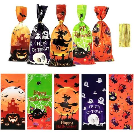 50pcs sacs à bonbons d'Halloween en cellophane-Sacs à biscuits en plastique-Sacs à bonbons avec cravates torsadées pour collations (1/4)