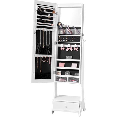 Armoire à Bijoux avec Miroir Pleine Longueur, Organisateur de Bijoux sur Pied avec Rangement, Meuble de Rangement pour Bijoux Verrouillable, Doublure en Velours, LED Intérieur, Tiroir, bLANC (1/5)