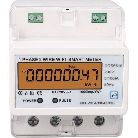 Compteur intelligent WiFi, monophasé, 2 fils, montage sur rail DIN pour Tuya, mesure la tension, le courant, le facteur de puissance et la fréquence de 5(100) A. (1/5)