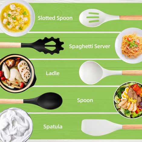 Ensemble d'ustensiles de cuisine en silicone 446 degrés Fahrenheit résistant à la chaleur, spatule, cuillère, brosse, fouet, couteau, ciseaux, ustensiles, gadgets, outils avec support pour batterie de (1/5)