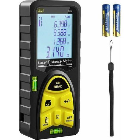 Télémètre laser 50 m, télémètre laser 165 pi, outil de mesure numérique avec poignée de transport, niveaux à bulle, grand écran LCD rétroéclairé et résistance à l'eau IP54 (pile incluse) (1/4)