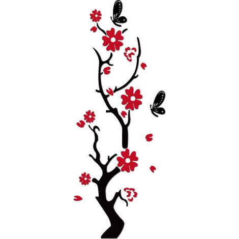 Stickers Muraux en Acrylique 3D Fleur de Prunier Stickers Muraux Bricolage Fleur Nordique Fond Miroir Décoration Murale pour Salon Chambre Mur Fond (Noir Rouge) (1/5)