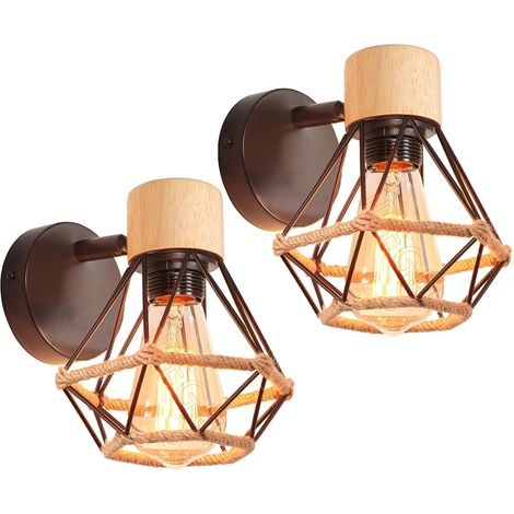 Lot de 2 Appliques Murales Industrielles Design Cage en Métal Lampe Murale Bois et Chanvre Décoration Ajustable Vintage Luminaire Interieur pour Chambre Couloir Salon, 16CM (Style Corde Chanvre) (1/5)