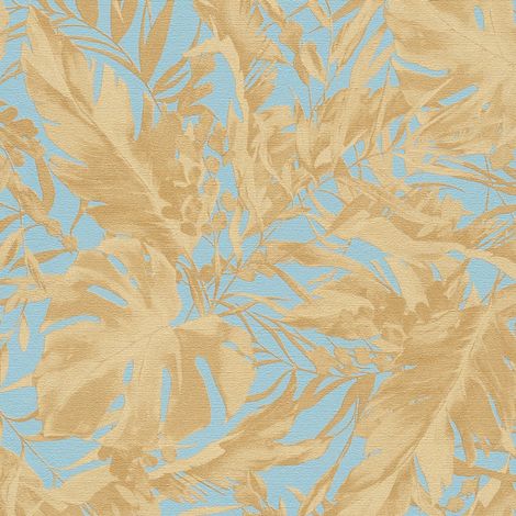 Nature wallpaper wall Profhome 790632 hot embossed non-woven wallpaper slightly textured with floral ornaments subtly shimmering blue pastel turquoise gold ochre yellow 5,33 m2
