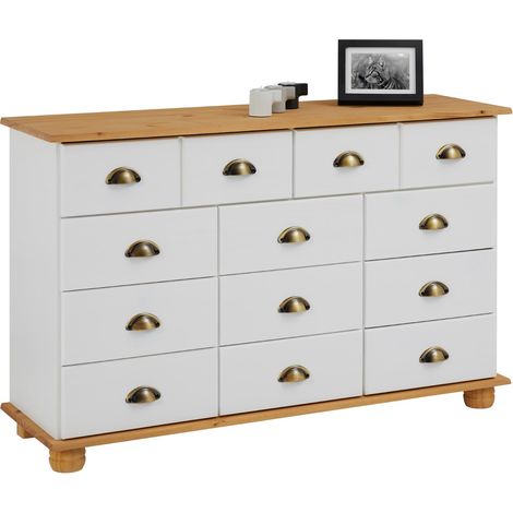 Idimex – Commode enfant en pin massif 11 tiroirs – Dimensions 73 x 117 x 35 cm – Couleur blanc/brun – Poignées coquille en métal bronze (1/4)