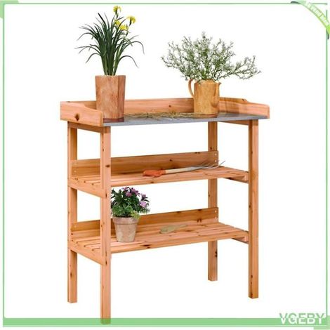 Table à plantes - FAFEICY - 156353 - Bois sapin massif - Dessus zinc résistant à l'eau - 2 étagères 78x38x82,5 cm (1/5)