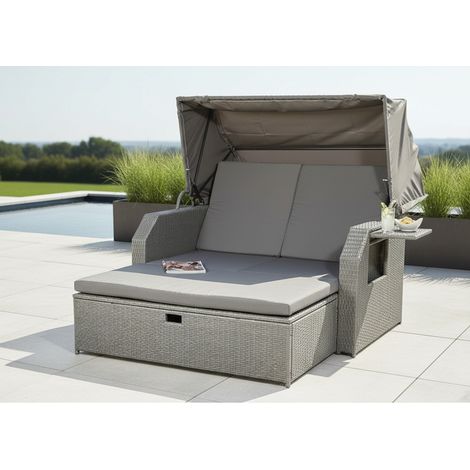 Rattan Sonnenbett Grau Dach Rattan Strandkorb Sonnenliege Liegebett Relaxliege (1/5)