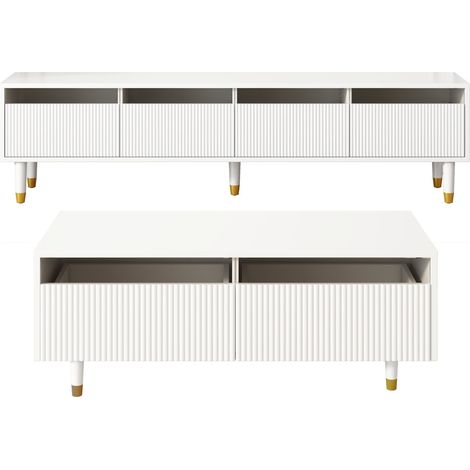 Set da soggiorno moderno LED con mobile TV a 4 ante e tavolino con 2 cassetti, bianco e oro, MDF (1/5)