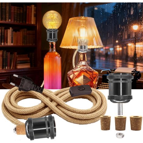 Support de Lampe de Bouteille, E26 Cuivre Noir Adaptateur Lampe Bouteille, Lampe Bouteille avec 240cm Câble de Corde de Chanvre,Douille E27 en Céramique,3 Tailles de Bouchons,pas D'ampoule,Abat-jour (1/5)