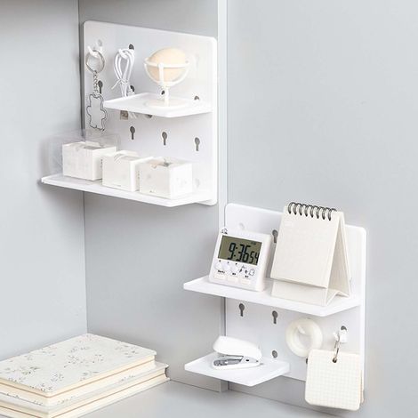 Panneau perforé en plastique sans perçage, unité de rangement murale pour salon, cuisine, chambre, idéale pour les résidences universitaires, étagère simple blanche. (1/5)