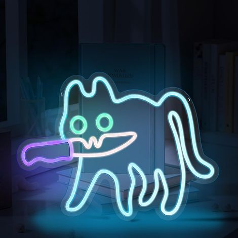 Enseigne lumineuse néon chat et couteau, lampe néon LED bleue avec crochets et chaîne, décoration pour chambre, zoo pour chats, café, maison, boutique, garage aménagé, bar à domicile (1/5)