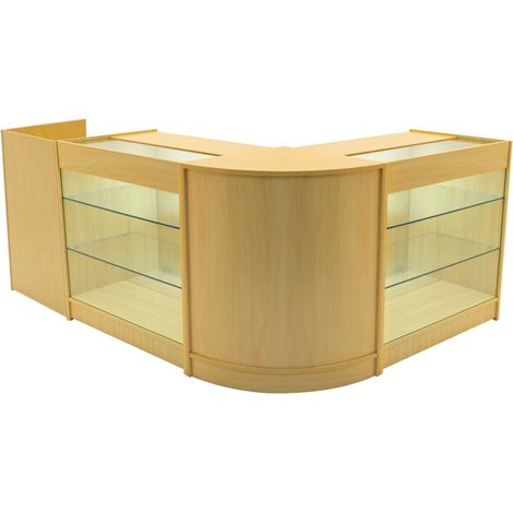 Set Mostradores Comerciales "ARIES"   color Arce CM60 + 2xK900 + TB60 MDF y vidrio templado  Estantes y puertas corredizas con cerradura  Fácil Montaje  Mostrador Recepción Expositor Comercial Mesa