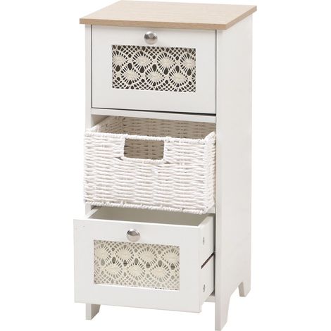 Cómoda HHG-346, cajonera, 3 cajones, cajones de mimbre, madera melamina, 63 x 30 x 30 cm, blanco natural