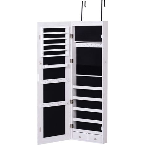 Armoire à bijoux murale avec miroir LED, 5 étagères, 2 tiroirs, effet bois, 37x10x120cm