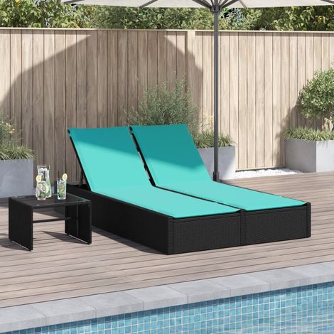 Doppel-Sonnenliege mit Kissen Schwarz Poly Rattan