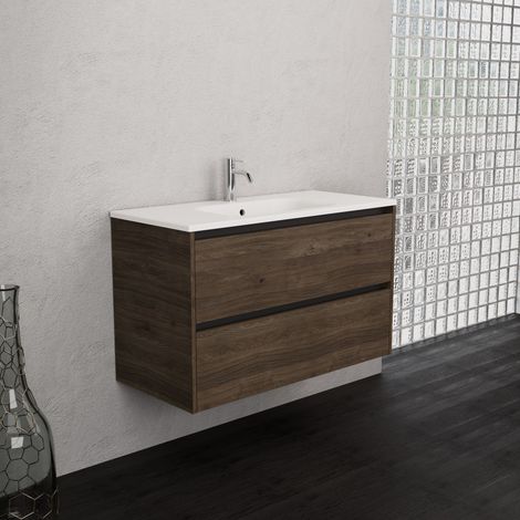 Inda - Badezimmerschrank 2 Schubladen B.100 mit mattiertem Waschbecken / Braune Eiche - Smeraldo (1/5)