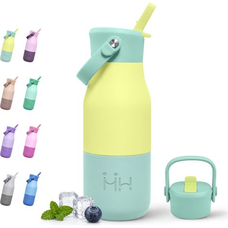 Gourde 400ml, Bouteille Isotherme Double Paroi, Gourde Inox avec Paille, Bouteille avec Manchon en Silicone, sans BPA, Réutilisable, pour l'école, Bureau, Camping (1/5)