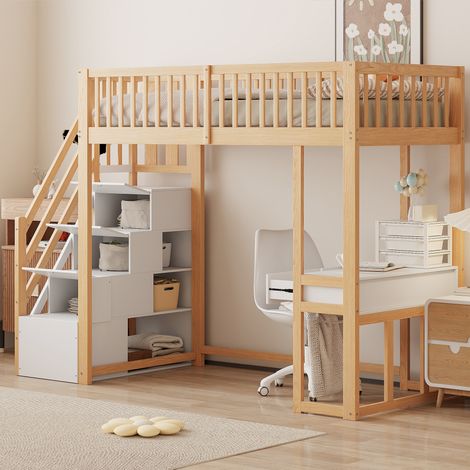 Letto a soppalco 250x96x175 cm, con tavolo multifunzione, scala contenitore, legno di pino, bianco e rovere chiaro (1/5)