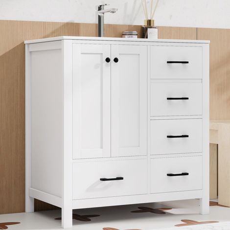 DESMIU Meuble sous vasque 1 porte 4 tiroirs avec étagères réglables et lavabo céramique pour salle de bain blanc 76 × 46 × 82 cm (1/5)