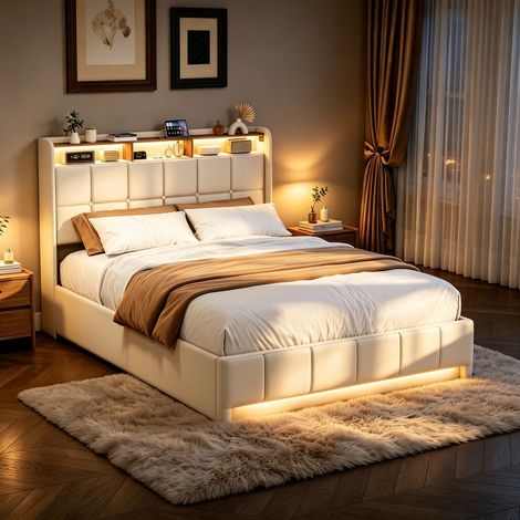 Lit Coffre Hydraulique 140x190 avec LED, Lit Double avec USB et Type-C, Tête de Lit Rembourrée avec Étagère de Rangement, Lin Beige (1/5)