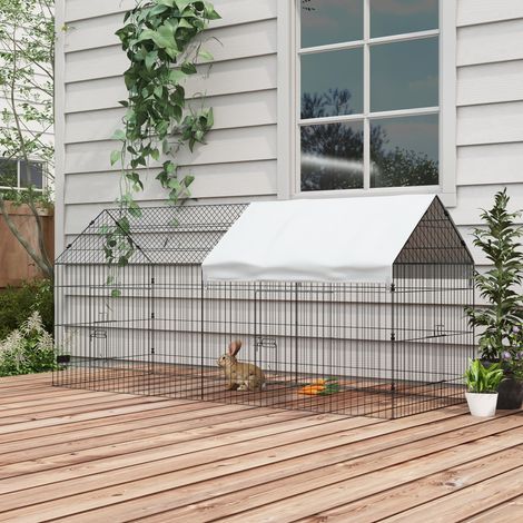 Cage extérieur intérieur pour lapin en forme de maison avec toit, 220x85x103cm, couleur argent (1/5)