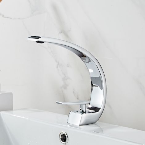 Mitigeur de lavabo à levier unique eau chaude et froide, robinet cascade 304 inox brossé argenté salle de bain (1/3)