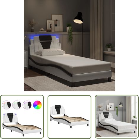 The Living Store Bettgestell mit LED Weiß und Schwarz 90x200 cm Kunstleder - Bettstellengestell - Schlafzimmermöbel - Doppelbett - Lederbettwäsche - LED Beleuchtung (1/5)