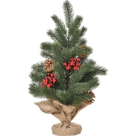Sapin de Noël décoratif avec baies rouges, ornements multicolores, socle ciment inclus, 50 cm